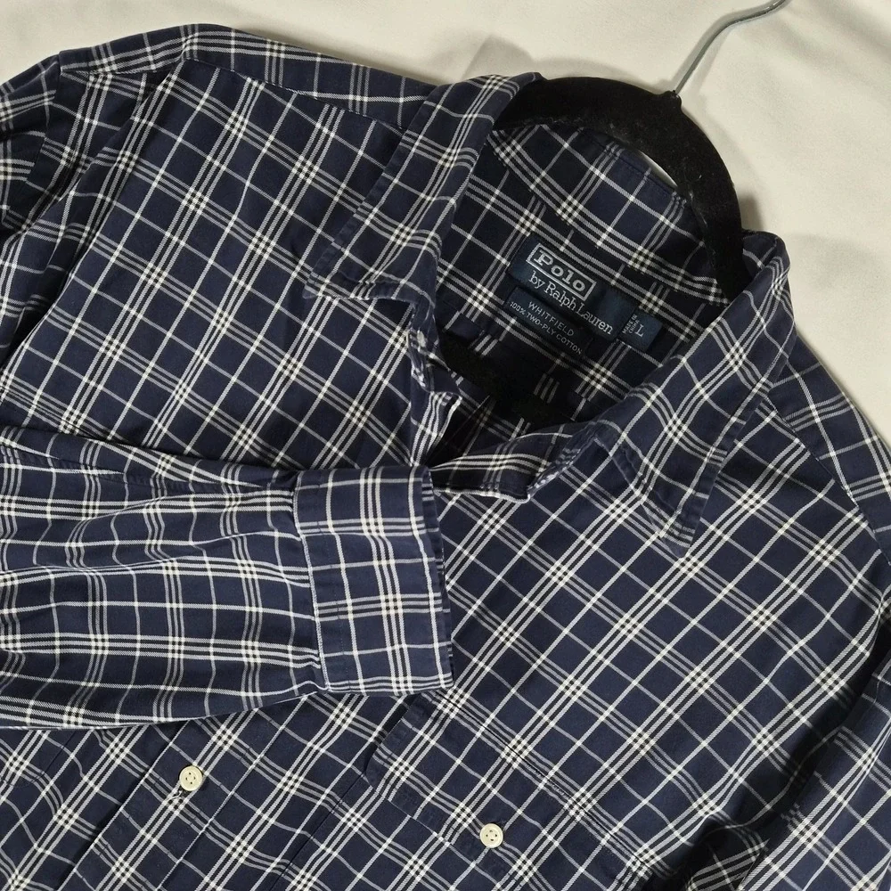 Polo Ralph Lauren‎ Navy Plaid Button Up Shirt Preppy Dark Academia L